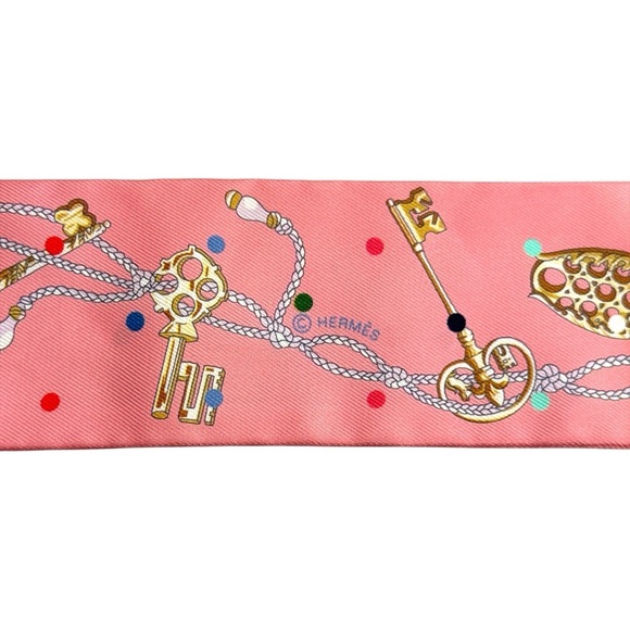 New Hermes Twilly Scarf Les Cles a Pois Rose Beige Multicolor 100% Silk - Picture 6 of 16